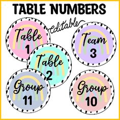 the table numbers for each group are shown in black, white and pink colors with polka dots