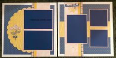 an open scrapbook with blue and yellow pages