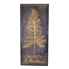 a metal plaque that says merry christmas with a gold pine tree on the front and bottom