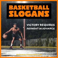 a man holding a basketball while standing on top of a basketball court with the words victory requires payment in advance