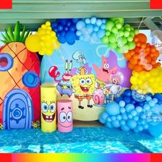 spongebob themed birthday party with balloons, pineapples, and other decorations