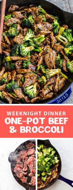 beef and broccoli stir fry in a skillet with the words super easy beef and broccoli