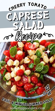 cherry tomato caprese salad recipe with text overlay