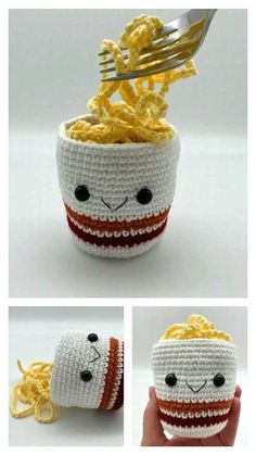 there is a crocheted cup with noodles in it and a fork sticking out of it