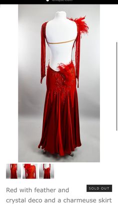 a red dress with feather and crystal deco and a charmuse skirt on the bottom