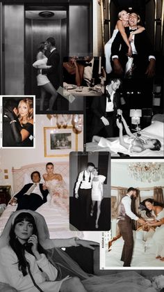 black and white photo collage with people in the bedroom, woman on cell phone