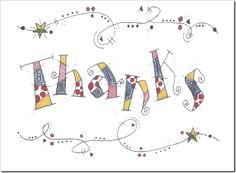 the word happy written in colored ink with stars and swirls around it on a white background