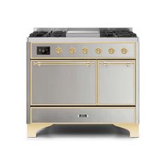 ILVE Majestic II 40 Inch Dual Fuel Liquid Propane Freestanding Range and Electric Oven with Brass Trim The 40" Majestic freestanding range brings the ultimate cooking experience to your kitchen. The large European Convection oven gives you the power to experiment with your dishes and get even cooking, while the full-width dishwarming drawer gives the option to use residual heat of the oven to keep cooked food warm or warm your dishes before serving. The cooktop features semi-sealed burners with Ilve Majestic, Ilve Range, Freestanding Range, Kitchen Centerpiece, French Top, Volt Ampere, Steam Oven, Brass Trim, Iron Grate