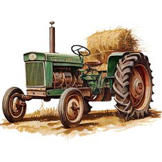 an old green tractor with hay bales on it's back end and wheels