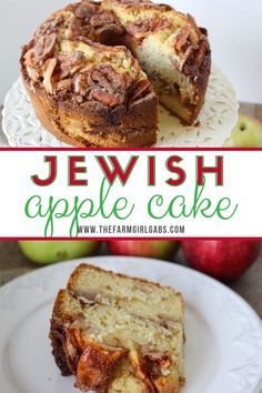 a close up of a slice of cake on a plate with an apple in the background