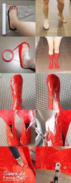 there are many pictures of people wearing red shoes and plastic covering their feet with scissors