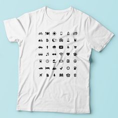 Buy this travel icons t-shirt and make sure you will never be misunderstood during your trips. A minimalist graphic tee that features some of the most important travel icons, pictograms, emojis. This is not just another t-shirt in your wardrobe it is actually a practical choice that will help you during your adventures. The universal travel language tee can be used as a travel guide, as a point and speak board, just point at the proper icon and you'll know where to eat well or how to get back to Travel Language, Snowboarding Gifts, Travel Tshirt, Travel Icon, Going On Holiday, Eat Well, Cotton Lights, Personalized T Shirts, Unisex Fashion