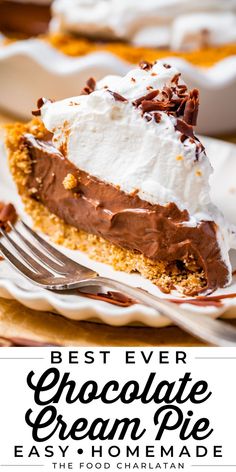 easy chocolate cream pie recipe with graham cracker crust and whipped cream. Homemade Chocolate Cream Pie, Best Chocolate Cream Pie, Chocolate Cream Pie Easy, Chocolate Cream Pies, Easy Cream Pie, Chocolate Cream Pie Recipe, Crumb Crust, The Food Charlatan, Pie Easy