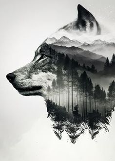 a wolf's head with trees and mountains in the background