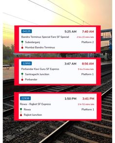 three red and white train tickets sitting on top of rail tracks next to each other