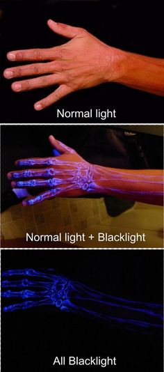 three different types of hand and wrist tattoos on both sides of the arm, with text that reads normal light + blacklight