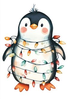 a watercolor painting of a penguin with christmas lights