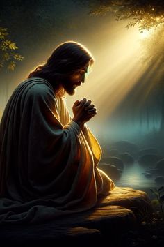 jesus praying in the forest with bright light coming from behind