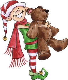 a drawing of a girl holding a teddy bear wearing a santa hat and striped scarf