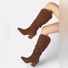 Brown High Knee Cowgirls Boots Brand By Meefit Casual Suede Mid-calf Boots, Casual Mid-calf Boots With Stacked Heel, Casual Fitted Mid-calf Boots With Stacked Heel, Cowgirls Boots, Thigh High Black Boots, Rain Boots Fashion, Equestrian Riding Boots, Vince Camuto Boots, Brown Leather Riding Boots