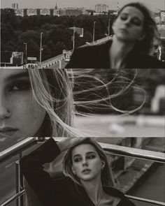 black and white photo of two women with long hair in front of cityscape