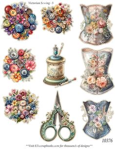 an assortment of vintage sewing related items including scissors, buttons and other decorative objects with floral designs