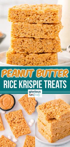 peanut butter rice krispie treats stacked on top of each other with the title above it