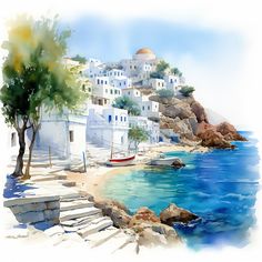 watercolor painting of an island with white buildings and blue waters, along with steps leading to the beach