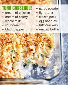 the ingredients for tuna casserole in a glass dish