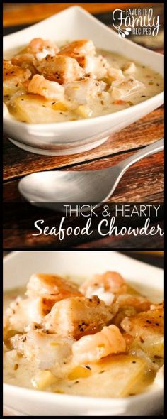 two pictures of seafood chowder in a white bowl on top of a wooden table