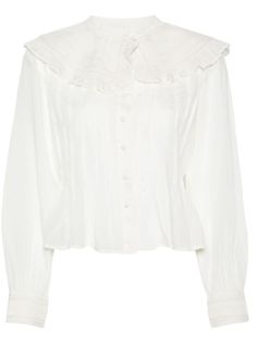 white poplin texture pintuck detailing fabric-covered buttons detachable collar band collar front button fastening elasticated waistband long puff sleeves buttoned cuffs curved hem Allsaints Classic Long Sleeve Top, Allsaints Long Sleeve Tops For Spring, Classic Long Sleeve Allsaints Tops, Chic White Blouse With Detachable Collar, Elegant Button-up Blouse With Smocked Cuffs, Allsaints Long Sleeve Cotton Tops, Allsaints Cotton Long Sleeve Tops, Long Sleeve Tops With Detachable Collar For Daywear, Pintuck Shirt