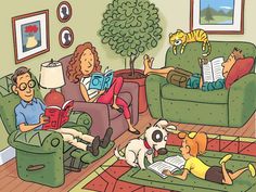 a man and woman are sitting on the couch reading books with their dog watching them