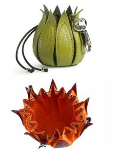 two different purses, one in orange and the other in green with spikes on them