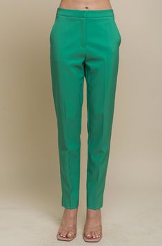 Easy to wear in trending green, this piece will add just the right element to any outfit! Perfect to pair with a crisp white button up or simple white fitted tank Available in Small, Medium, Large and XLarge Runs true to size. Straight leg with side pockets Green High-waisted Bottoms With Side Pockets, Green Relaxed Fit Straight Pants, Green Relaxed Fit Pants, Fitted Green Bottoms With Pockets, Spring Fitted Pants With Straight Hem, Classic Green Stretch Bottoms, Green Stretch Straight Leg Dress Pants, Spring Cotton Dress Pants For Work, Spring Straight Dress Pants With Side Pockets