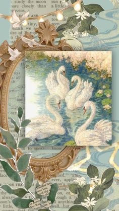 two white swans swimming in water surrounded by greenery and leaves, with an ornate gold frame