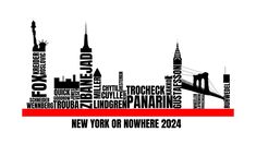 the new york city skyline is shown in black and white, with red ribbon around it