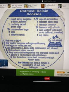 a computer screen showing instructions on how to make oatmeal raisin cookies