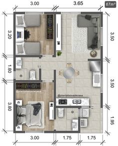 the floor plan for a two bedroom apartment with an attached kitchen and living room area