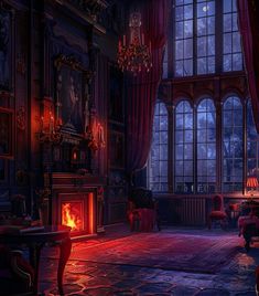 an old fashioned living room is lit up with red light from the fireplace and chandelier