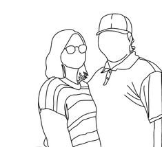 a black and white line drawing of two people standing next to each other looking at something