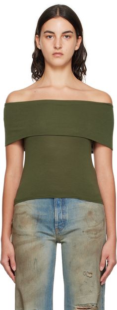 Stretch viscose jersey T-shirt. · Off-the-shoulder construction · Straight neck Supplier color: Green Jersey T Shirt, Apparel Accessories, Off The Shoulder, Tops Designs, Women Wear, Womens Tops, Outfit Accessories, Green, T Shirt