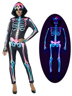 a woman in skeleton costume next to an image of a human body with neon colors