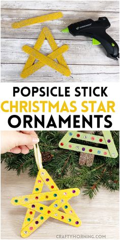 popsicle stick christmas star ornament with text overlay that reads popsicle stick christmas star ornaments