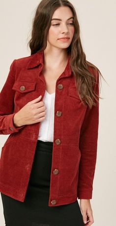 Looking for a statement piece to add to your wardrobe? Look no further than our Corduroy Jacket in Maple Red! This stunning jacket boasts a tailored collar, button-down closure, and pockets on both the chest and front. The long sleeves feature button closures for added style and functionality. The warm and inviting maple red color is sure to turn heads wherever you go. Don't wait - add this must-have piece to your collection today Model is 5'10" and wearing a S 100% Cotton S 4/6M 8/10L 12/14 Trendy Utility Jacket With Buttoned Pockets, Fitted Utility Jacket With Buttoned Pockets For Workwear, Winter Cotton Button-up Blazer, Fall Utility Jacket For Workwear With Buttons, Fitted Long Sleeve Outerwear With Buttoned Pockets, Winter Button-up Utility Jacket With Buttoned Pockets, Cordory Jacket Outfit, Fall Single-breasted Button-up Utility Jacket, Trendy Fall Utility Jacket With Button Closure