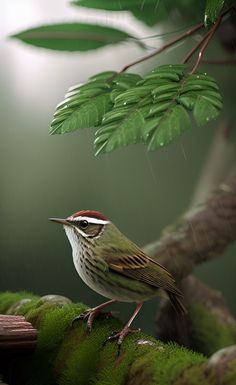 a small bird perched on top of a moss covered tree branch next to a green plant