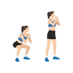 a woman doing squats with her hands behind her head, and the other hand on her hip