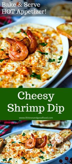 cheesy shrimp dip with bread and crackers on the side for appetizer