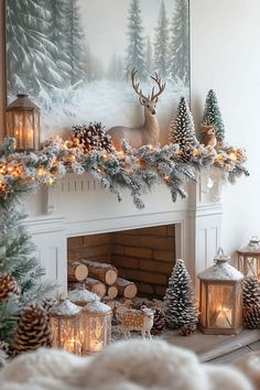 a fireplace decorated for christmas with pine cones, candles and deer head on the mantle