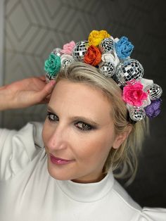 Celebrate in style with this mamma Mia inspired disco headband! Let's face it, who doesn't want to be the belle of the disco ball?!? Check out these white glittered flowers paired with smaller bright colorful glittered flowers and complete with various disco balls! You will shine bright in the light and be the stand out of the crowd! insanely comfortable, and an attention-grabber! perfect for studio 54 themed parties, birthday parties, 60s parties, 70s parties, bachelorette parties, disco partie Disco Ball Headband, Adjustable Multicolor Headband For Costume Party, Fun Party Hair Accessories For Carnival, Playful Multicolor Headband For Party, Adjustable Festival Headpieces For Parties, Whimsical Multicolor Headband For Party, Adjustable Headpieces For Festival Party, Fun Carnival Party Headband, Whimsical Multicolor Party Headband