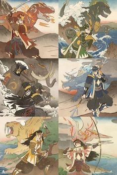 an image of some anime characters in different poses